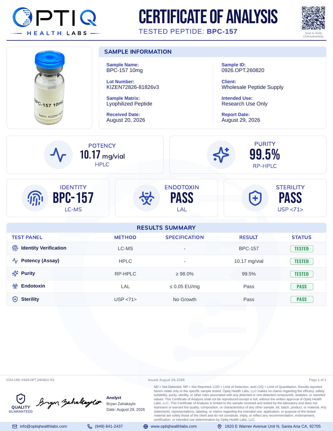 Certificate of Analysis - BPC-157 10mg - Optiq Health Labs