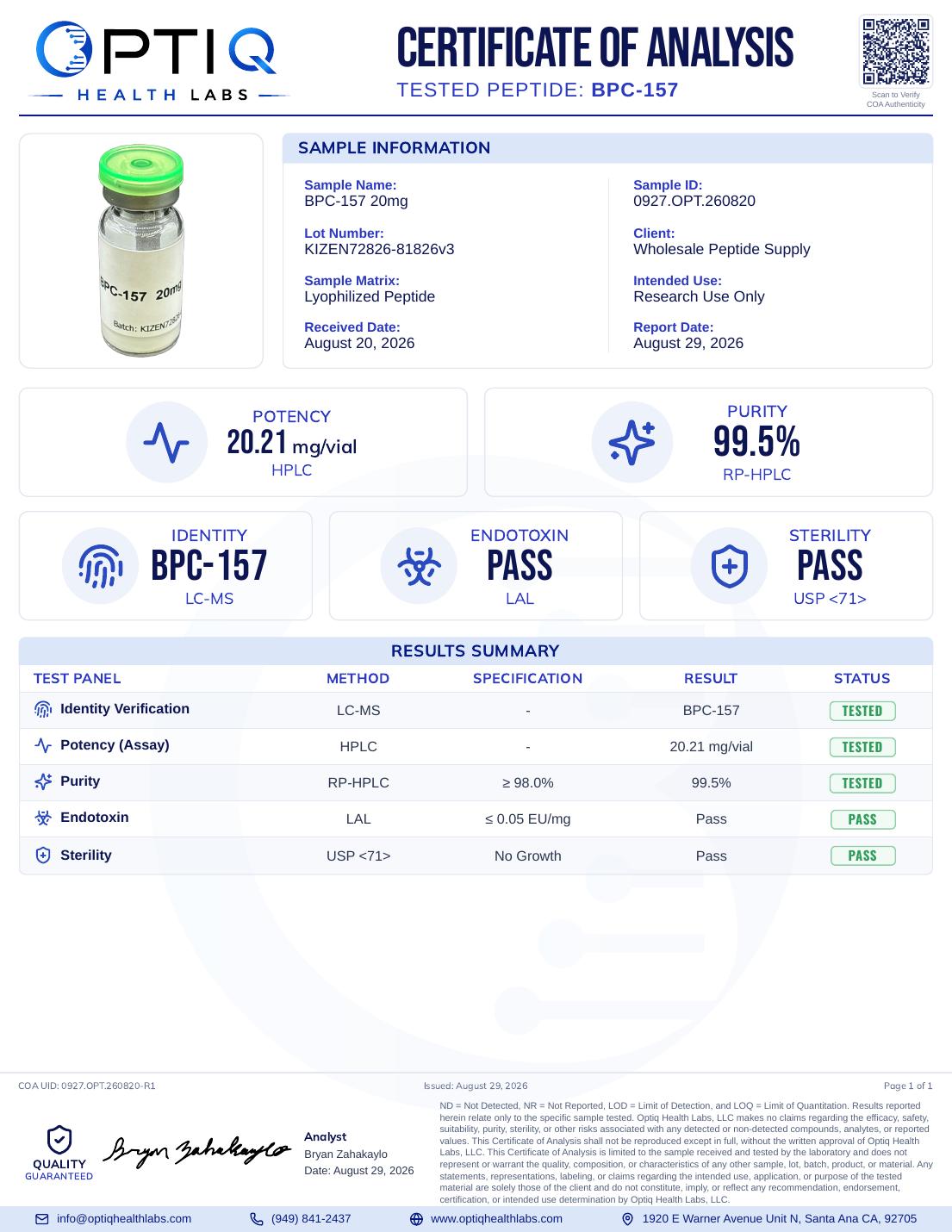 Certificate of Analysis - BPC-157 20mg - Optiq Health Labs