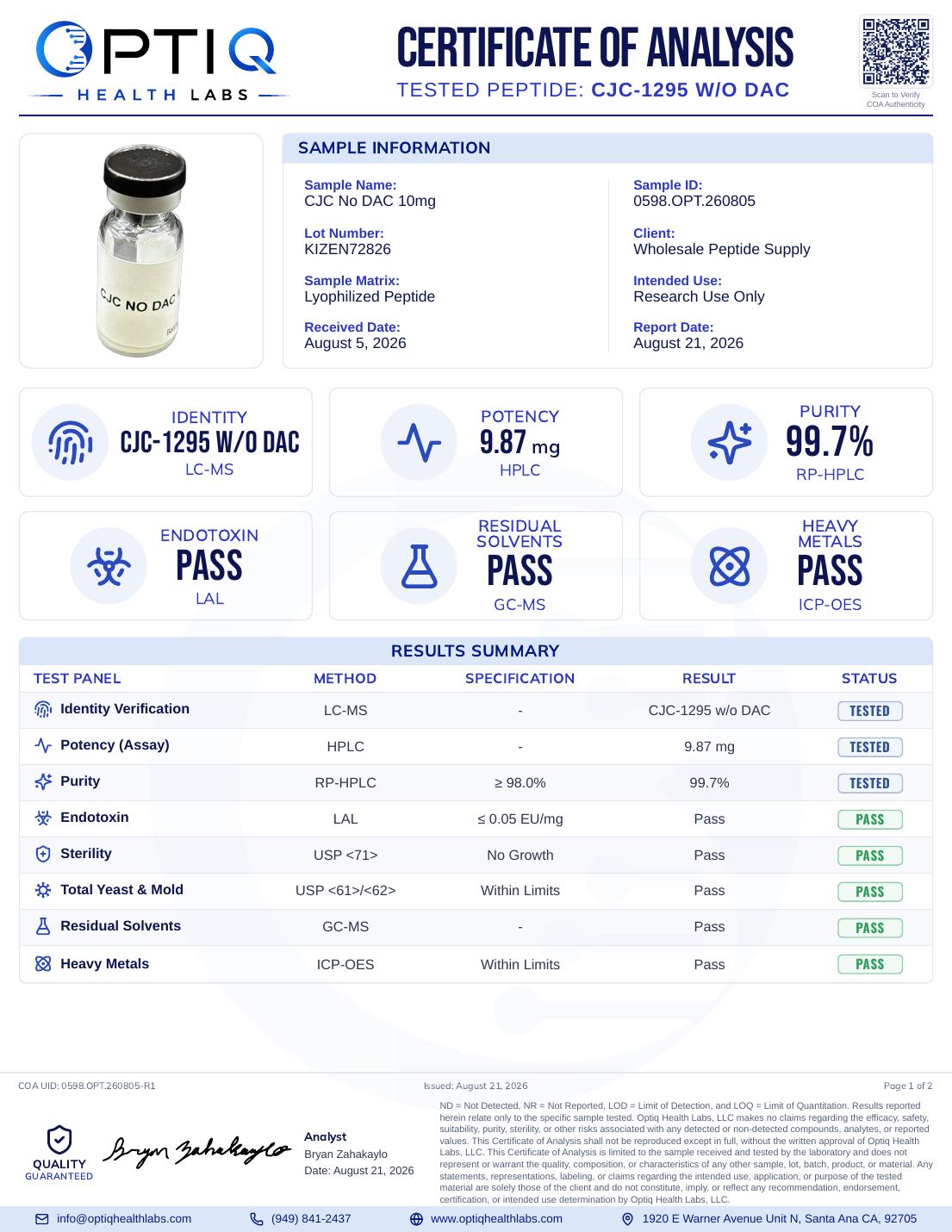 Certificate of Analysis - CJC-1295 (no DAC) 10mg - Optiq Health Labs