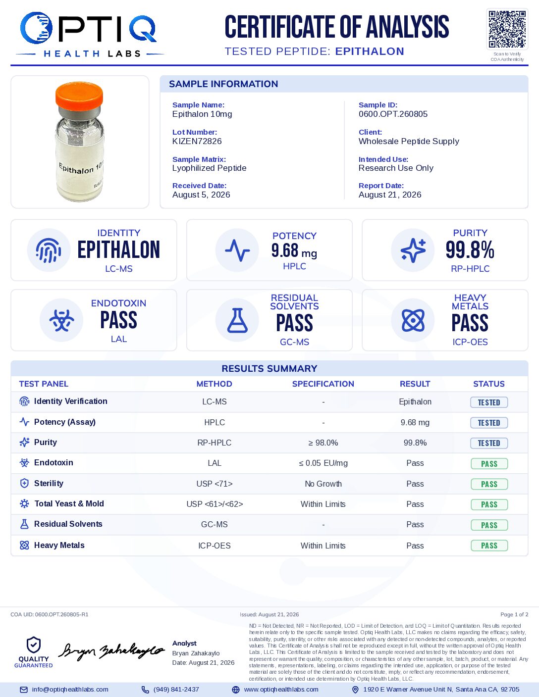 COA Epitalon 10mg KIZEN72826 Optiq