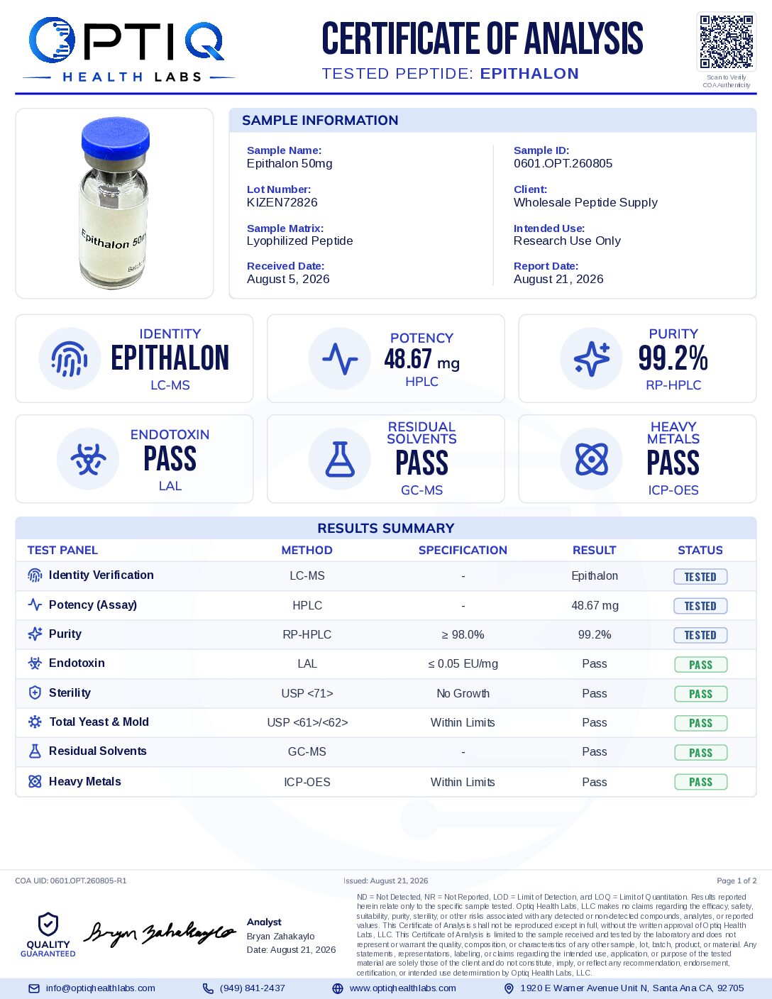 COA Epitalon 50mg KIZEN72826 Optiq