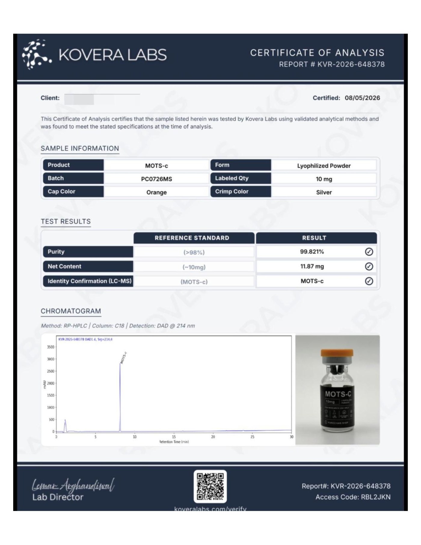 MOTS-c 10mg Certificate of Analysis, lot PC0726MS, Kovera Labs, 99.821% HPLC purity