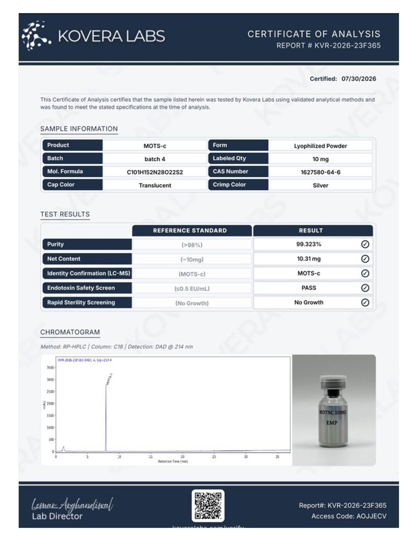 MOTS-c 10mg Certificate of Analysis, batch 4, Kovera Labs, 99.323% HPLC purity