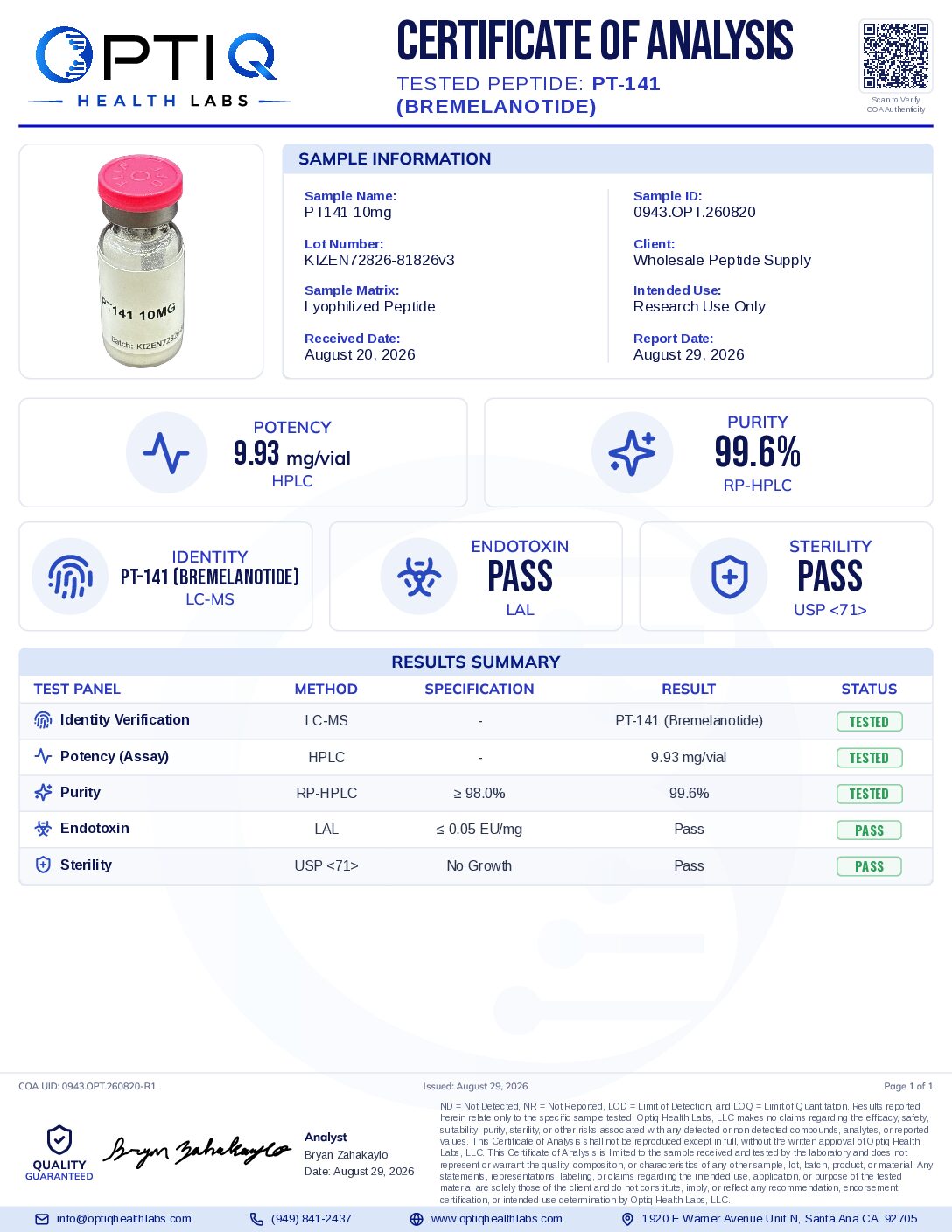 COA PT-141 Bremelanotide 10mg KIZEN72826 Optiq