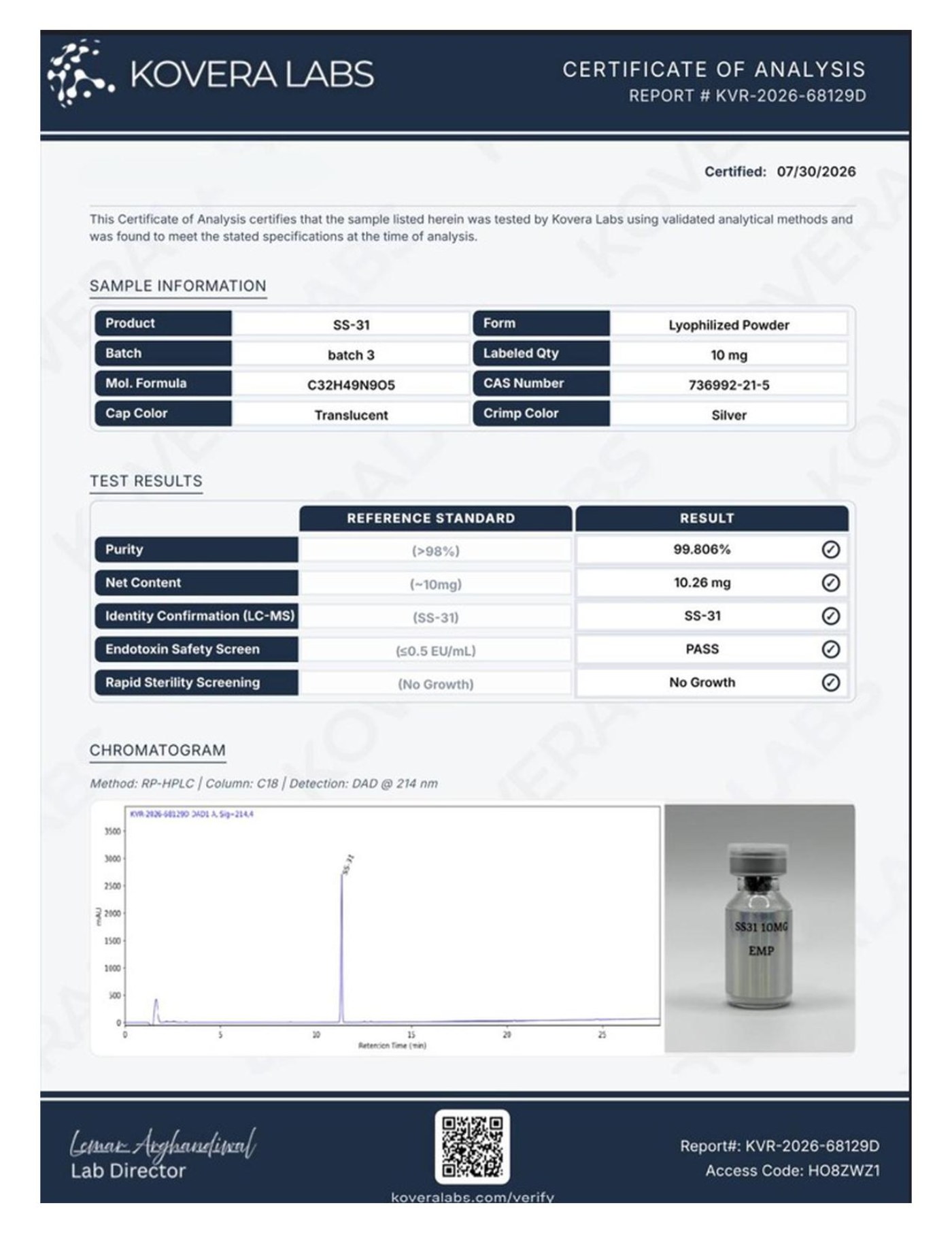 SS-31 10mg Certificate of Analysis, batch 3, Kovera Labs, 99.806% HPLC purity