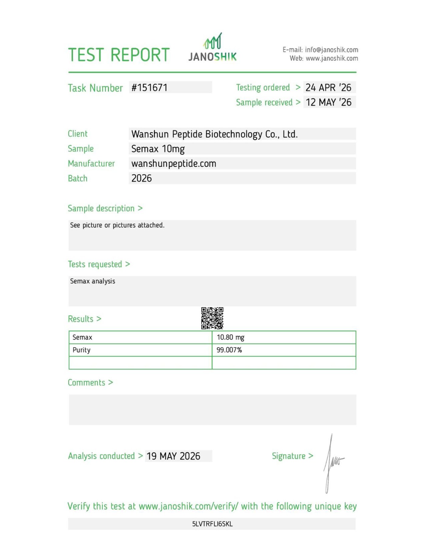 Semax 10mg Certificate of Analysis, batch 2026, Janoshik, 99.007% HPLC purity